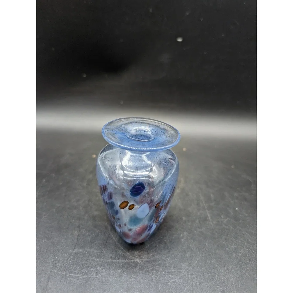 Hand Blown Blue Confetti Art Glass Bud Vase Squared Bulbous Studio Glass 3in